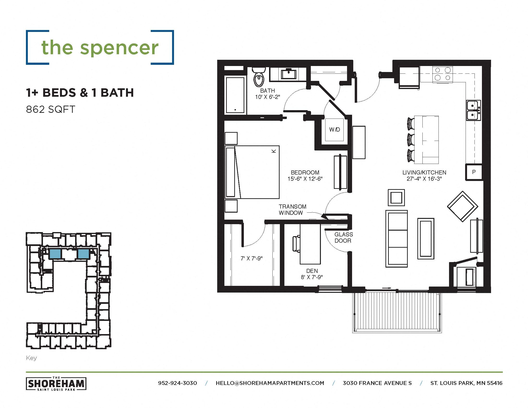 Floor plan for 1 bed, 1 bath, 862 sqft